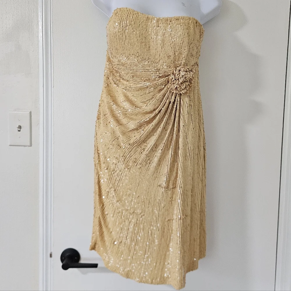 Basix Womens Dress 4 VTG Strapless Gold Sequin Mini Party Silk Taylor NYE 90s
